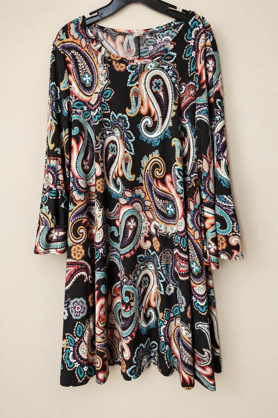 Womens 1X Black Paisley Swing Dress Bell Sleeve Pockets Boho NWOT Made USA